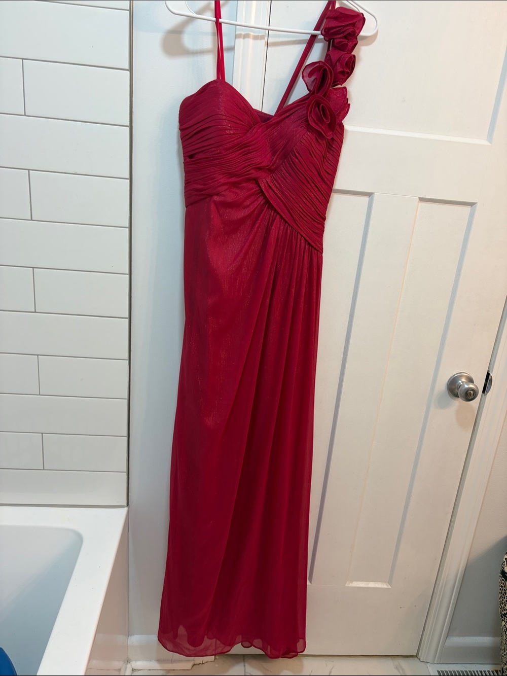 Cache Fuchsia One-Shoulder Gown with Floral Detail